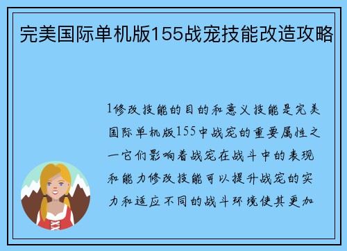 完美国际单机版155战宠技能改造攻略