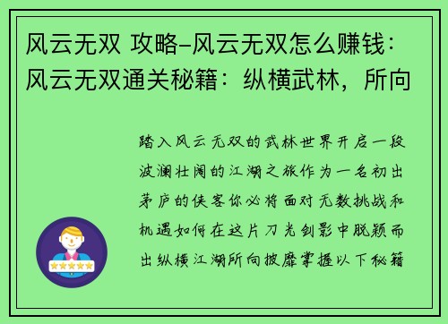 风云无双 攻略-风云无双怎么赚钱：风云无双通关秘籍：纵横武林，所向披靡
